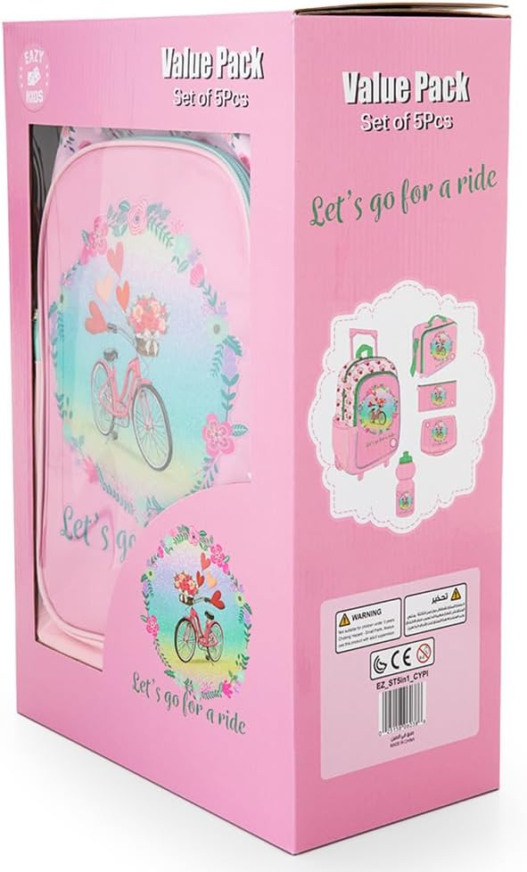 Eazy Kids 17” Trolley School Bag Value Pack 5-in-1 with Wheels – Backpack, Lunch Bag, Water Bottle, Lunch Box & Pencil Case, Pink