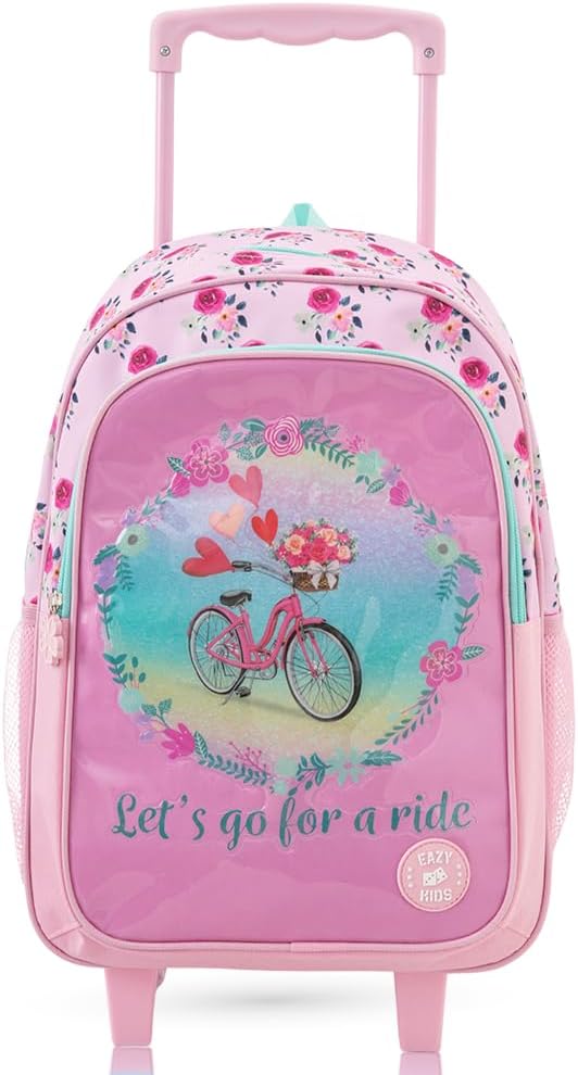 Eazy Kids 17” Trolley School Bag Value Pack 5-in-1 with Wheels – Backpack, Lunch Bag, Water Bottle, Lunch Box & Pencil Case, Pink