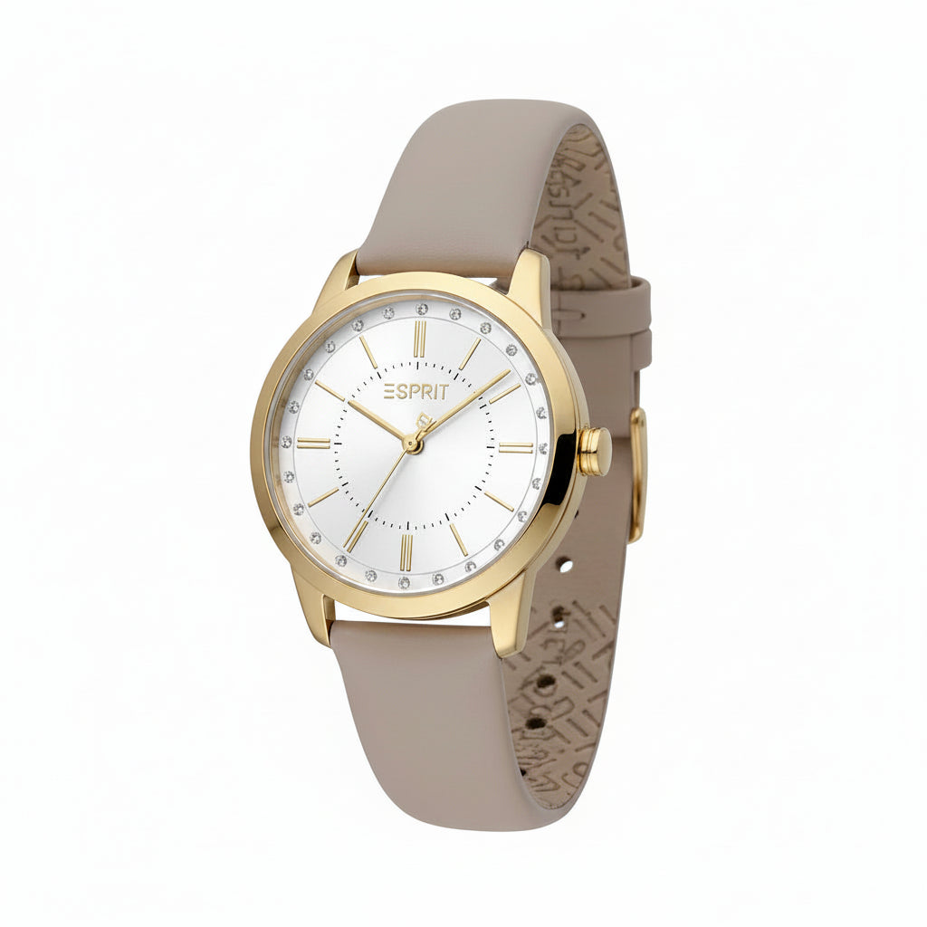 A women's Esprit watch featuring a round gold-tone case, a white dial with gold-tone hands and indices, and a light taupe-beige leather strap with a subtle woven pattern.