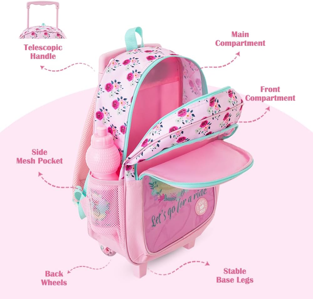 Eazy Kids 17” Trolley School Bag Value Pack 5-in-1 with Wheels – Backpack, Lunch Bag, Water Bottle, Lunch Box & Pencil Case, Pink