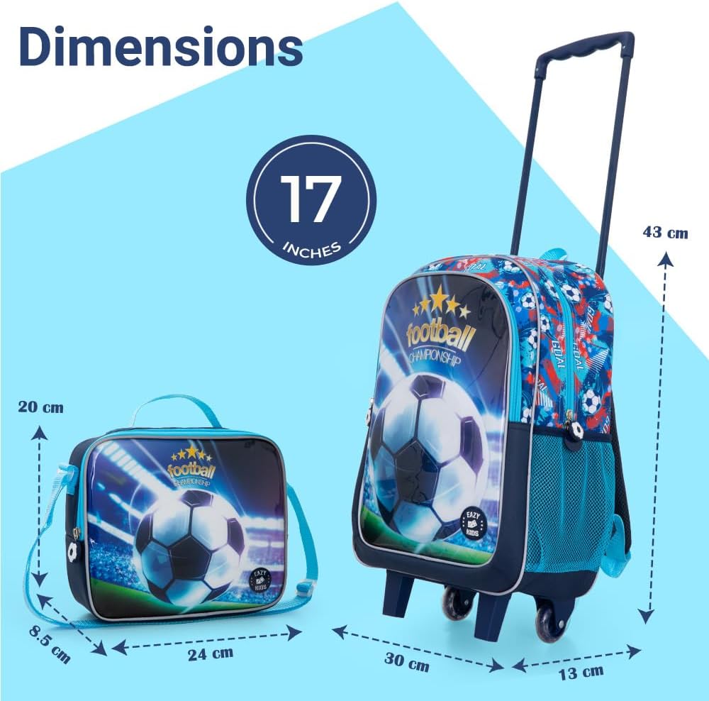 Eazy Kids Set of 5 Trolley 17" School Bag Combo - Soccer Blue