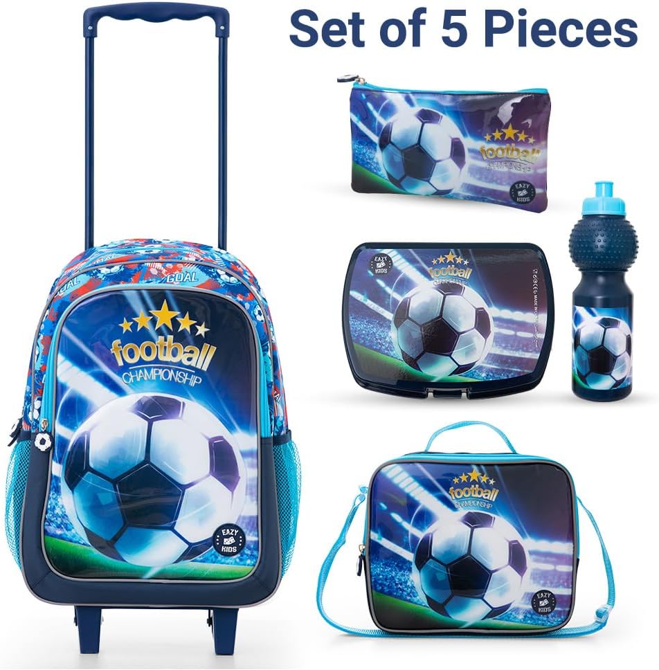 Eazy Kids Set of 5 Trolley 17" School Bag Combo - Soccer Blue
