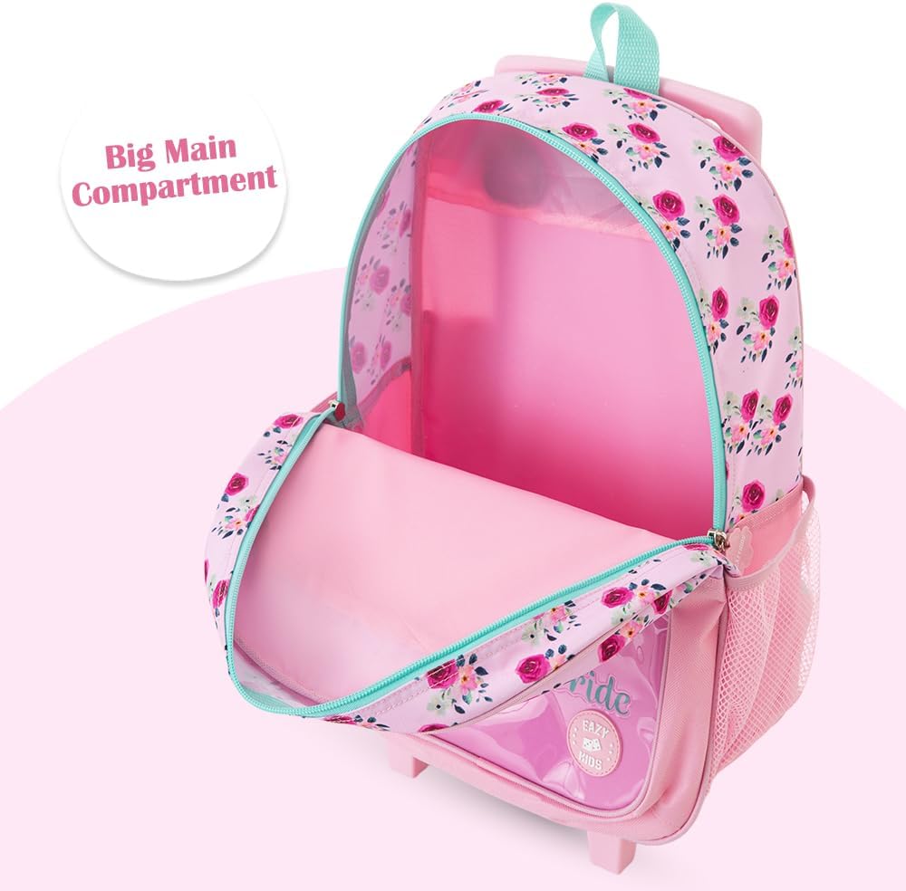 Eazy Kids 17” Trolley School Bag Value Pack 5-in-1 with Wheels – Backpack, Lunch Bag, Water Bottle, Lunch Box & Pencil Case, Pink