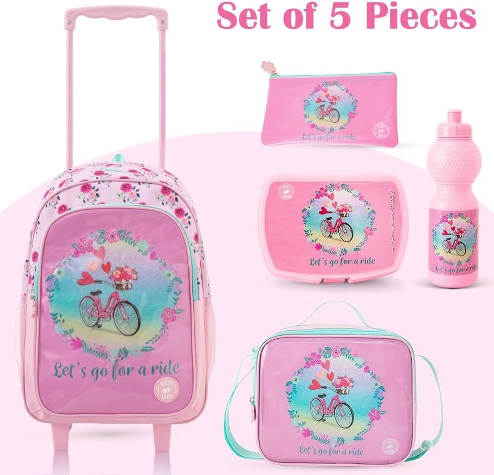 Eazy Kids 17” Trolley School Bag Value Pack 5-in-1 with Wheels – Backpack, Lunch Bag, Water Bottle, Lunch Box & Pencil Case, Pink
