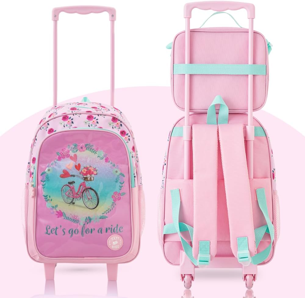 Eazy Kids 17” Trolley School Bag Value Pack 5-in-1 with Wheels – Backpack, Lunch Bag, Water Bottle, Lunch Box & Pencil Case, Pink