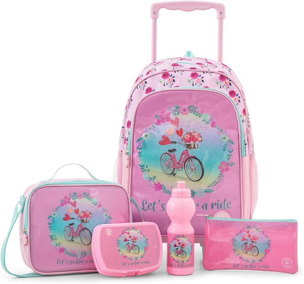 Eazy Kids 17” Trolley School Bag Value Pack 5-in-1 with Wheels – Backpack, Lunch Bag, Water Bottle, Lunch Box & Pencil Case, Pink