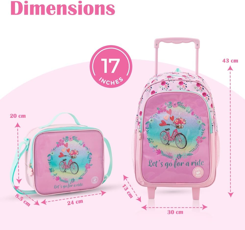 Eazy Kids 17” Trolley School Bag Value Pack 5-in-1 with Wheels – Backpack, Lunch Bag, Water Bottle, Lunch Box & Pencil Case, Pink