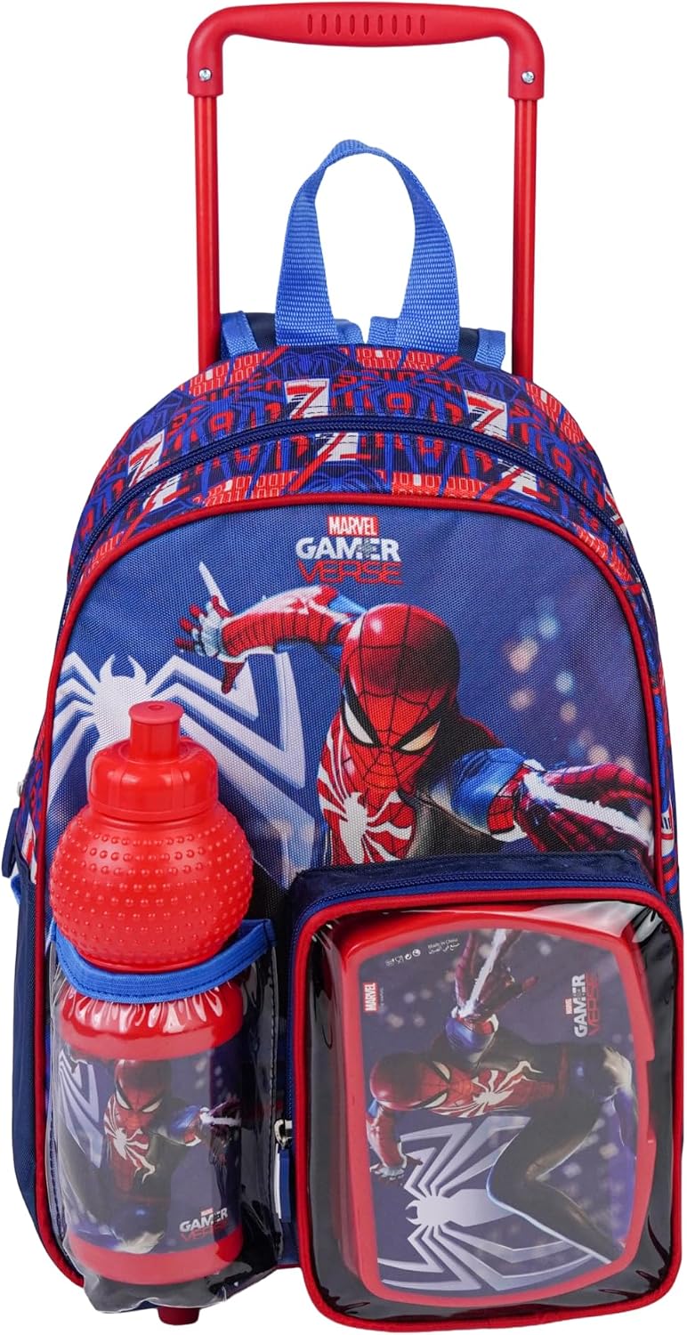 Marvel Spider-Man Toddler 3-in-1 Trolley Set 13" – Official Spider-Man Rolling Backpack with Water Bottle & Lunch Box, Wheeled Preschool School Bag Set for Kids | Boys School Bag