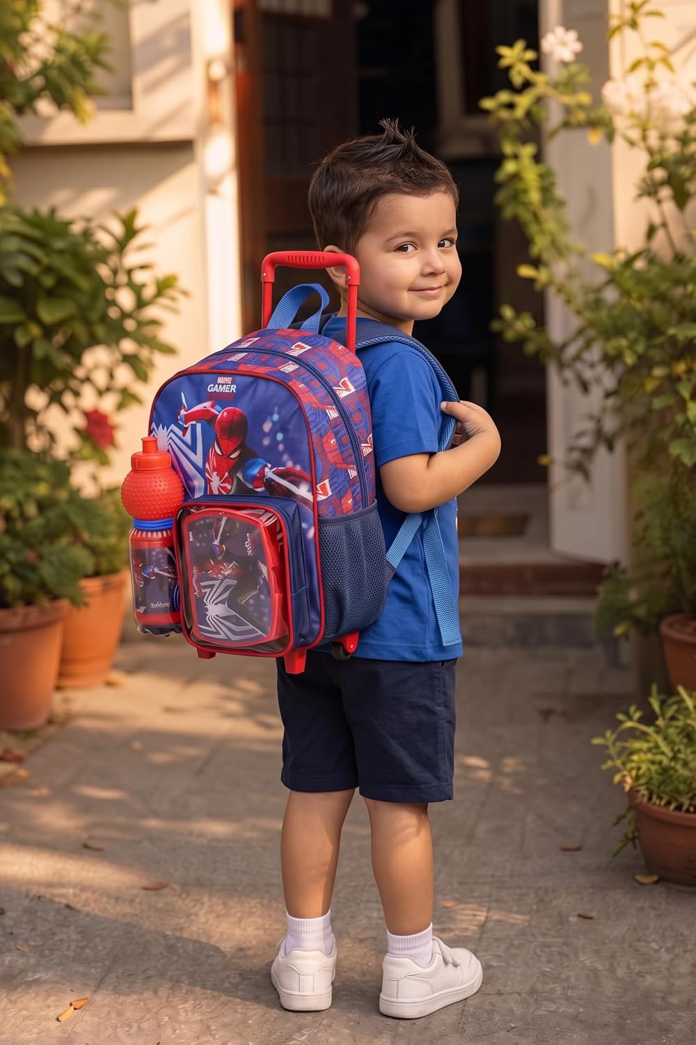 Marvel Spider-Man Toddler 3-in-1 Trolley Set 13" – Official Spider-Man Rolling Backpack with Water Bottle & Lunch Box, Wheeled Preschool School Bag Set for Kids | Boys School Bag