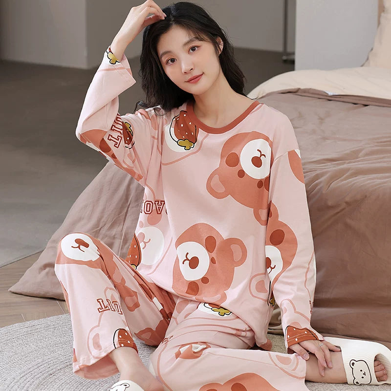 Women's pajama set featuring a charming spring-autumn design with long sleeves and full-length pants.