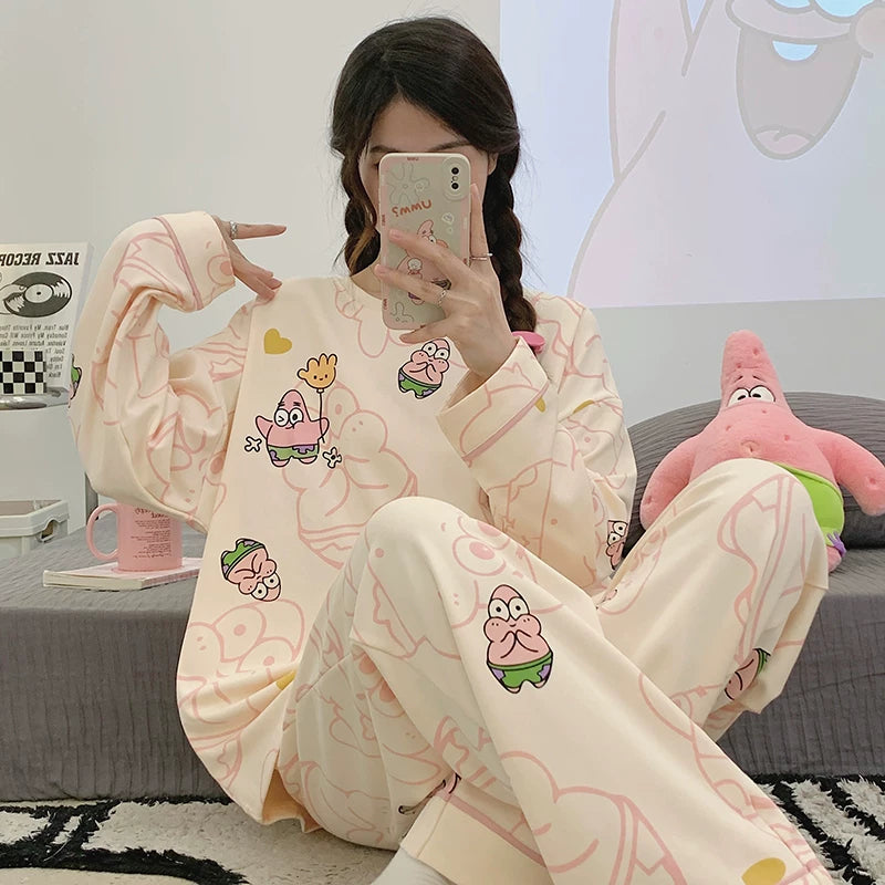 Women's pajama set featuring a charming spring-autumn design with long sleeves and full-length pants.