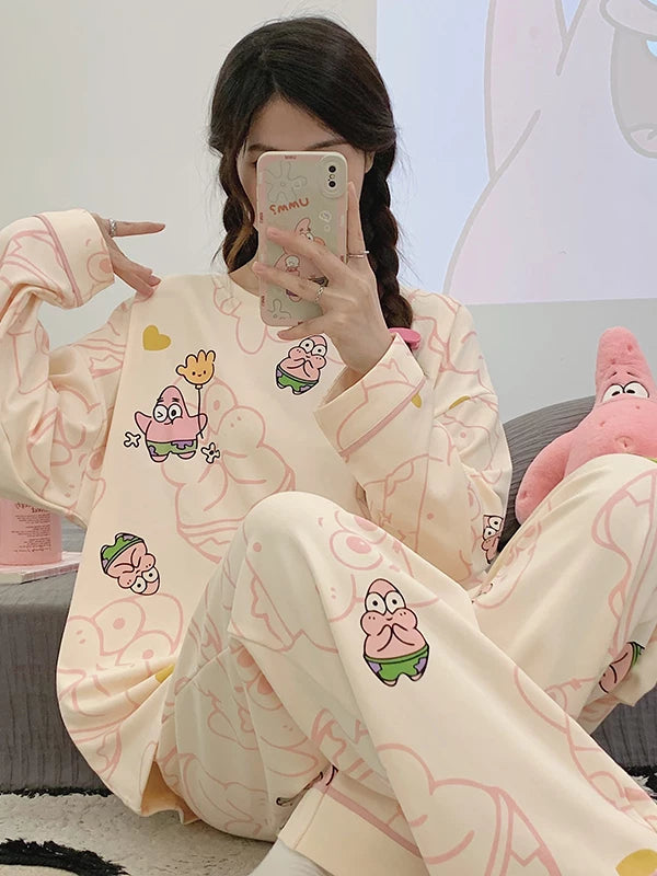 Women's pajama set featuring a charming spring-autumn design with long sleeves and full-length pants.