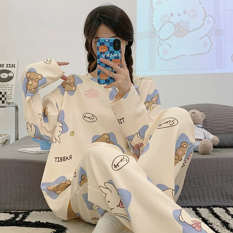 Women's pajama set featuring a charming spring-autumn design with long sleeves and full-length pants.