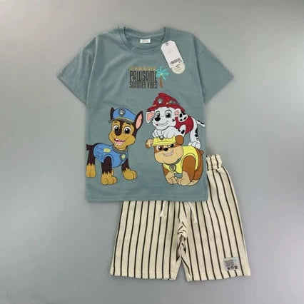 Trendy Euro-American style striped T-shirt and shorts set for boys—stylish, casual, and perfect for summer
