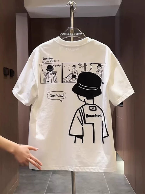 Cute Cartoon Print Casual Cotton T-Shirt for men's