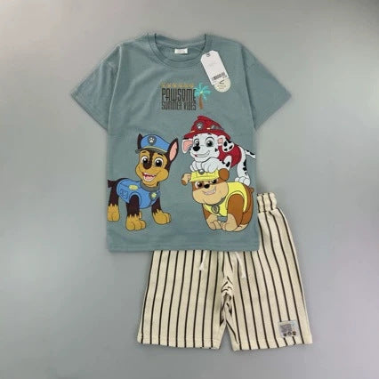 Trendy Euro-American style striped T-shirt and shorts set for boys—stylish, casual, and perfect for summer