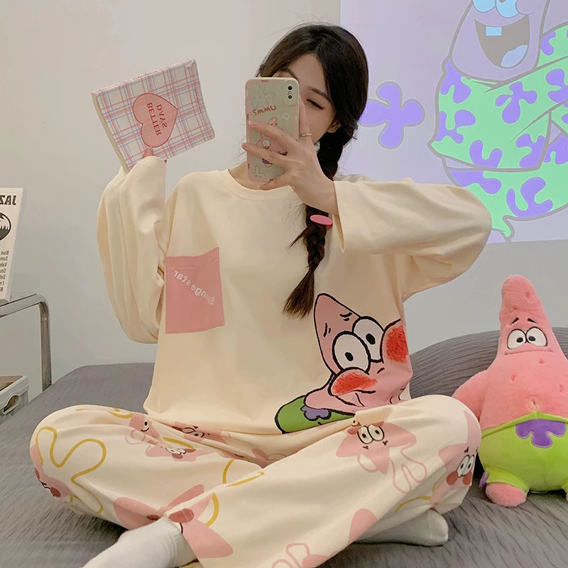Women's pajama set featuring a charming spring-autumn design with long sleeves and full-length pants.