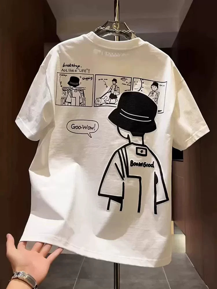 Cute Cartoon Print Casual Cotton T-Shirt for men's