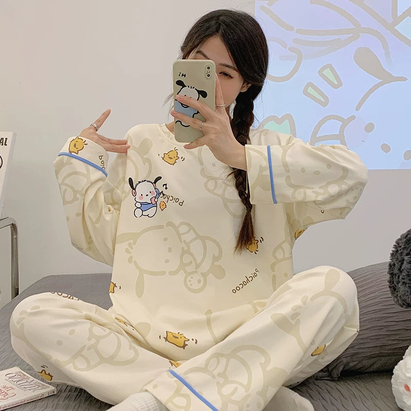 Women's pajama set featuring a charming spring-autumn design with long sleeves and full-length pants.