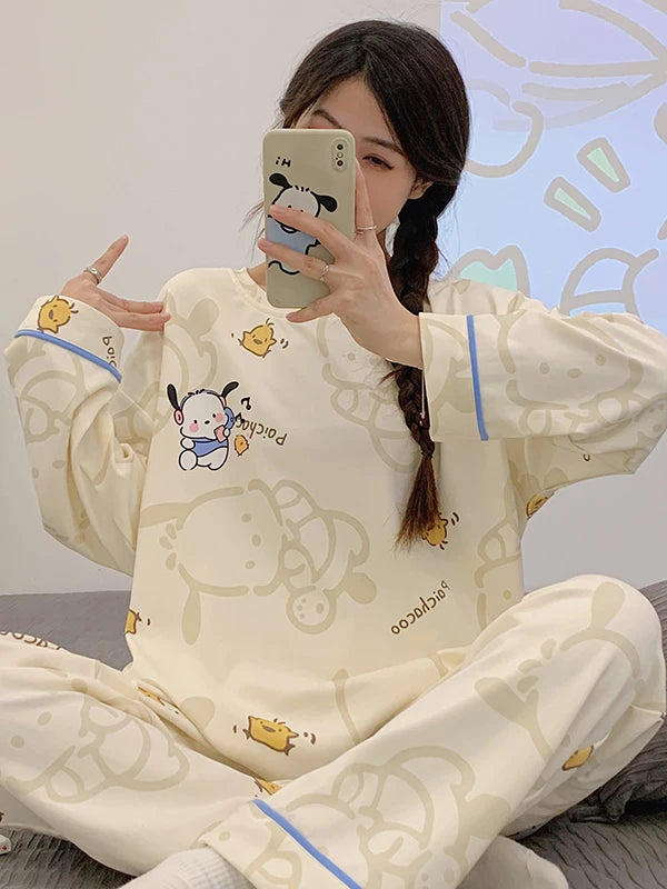 Women's pajama set featuring a charming spring-autumn design with long sleeves and full-length pants.