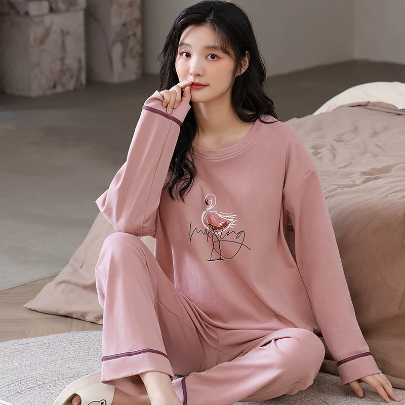 Women's pajama set featuring a charming spring-autumn design with long sleeves and full-length pants.