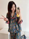 Trendy Plaid Brown Bear Girl's Pajamas, Spring and Autumn