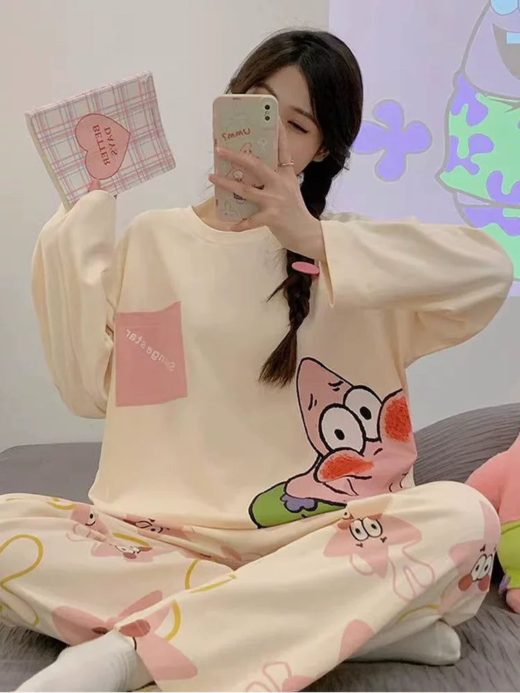 Women's pajama set featuring a charming spring-autumn design with long sleeves and full-length pants.