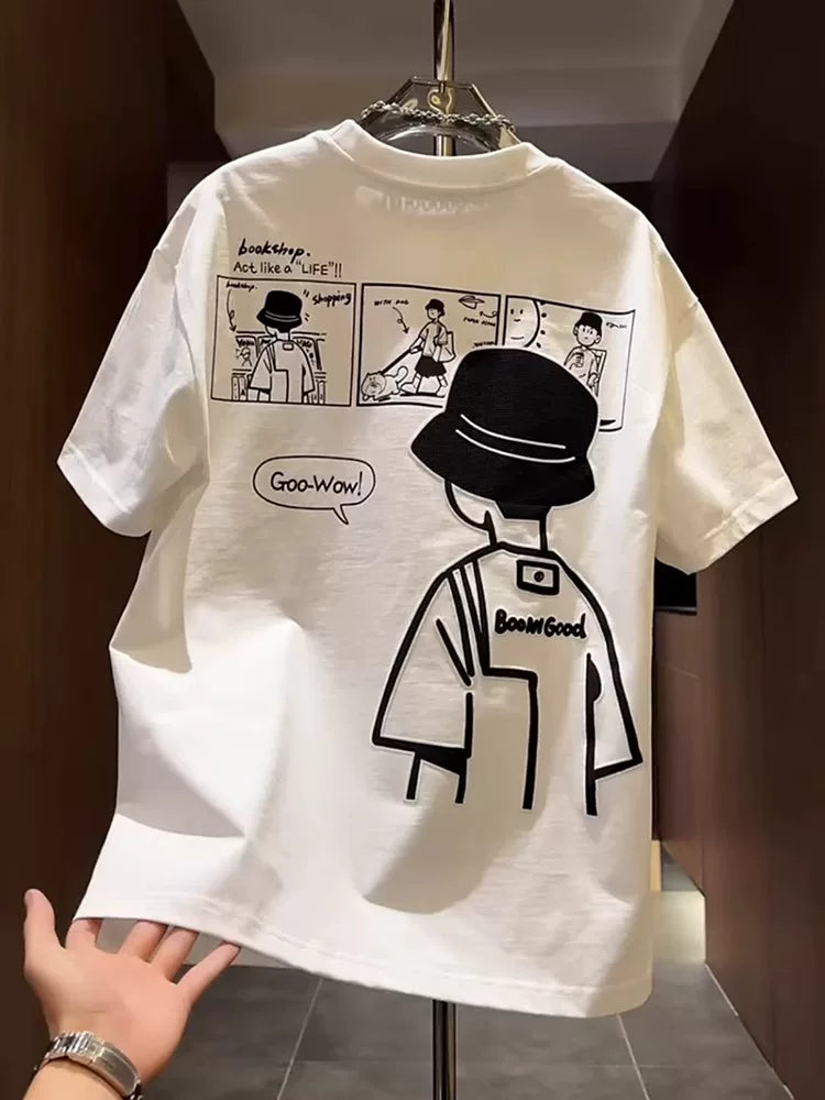 Cute Cartoon Print Casual Cotton T-Shirt for men's